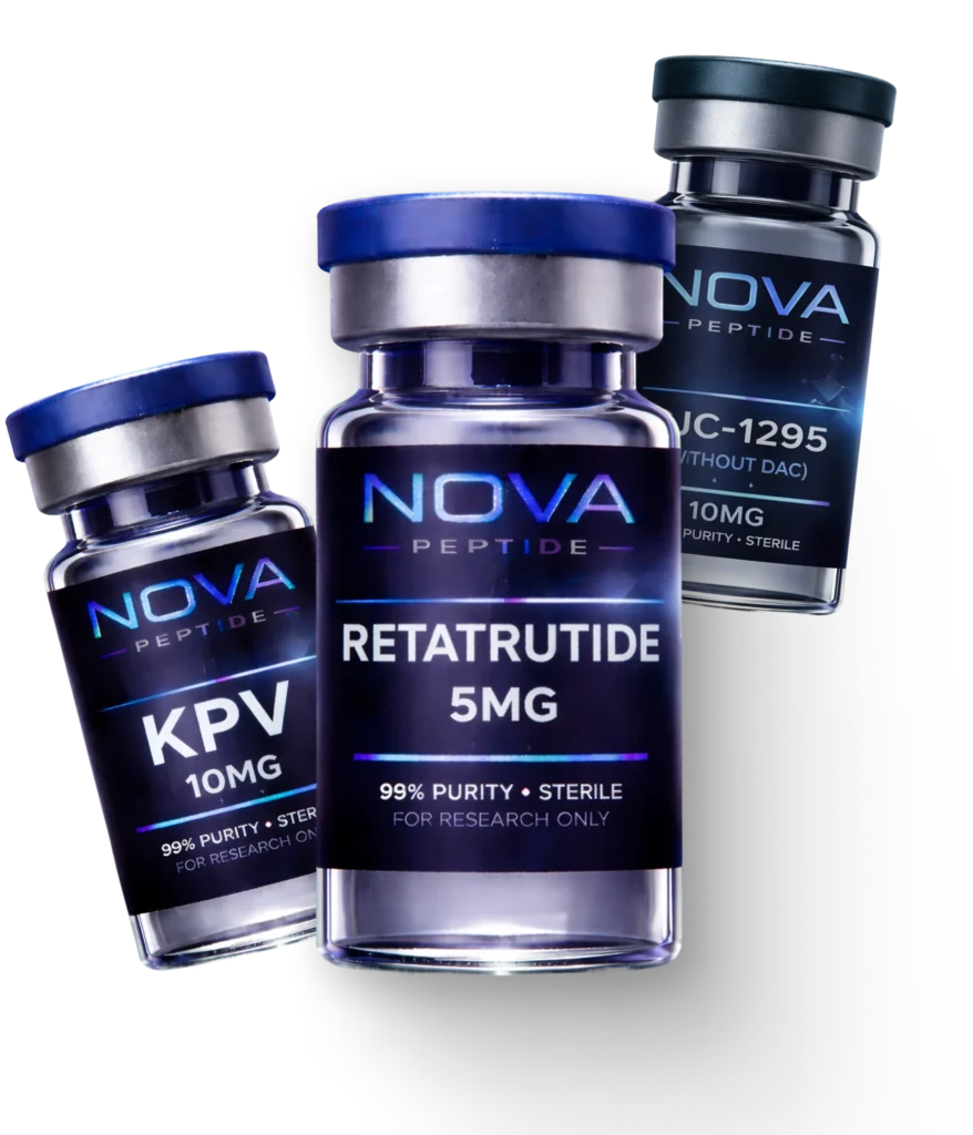 Nova Peptide KPV and Retatrutide 5mg research peptide vials — ultra-pure compounds for UK laboratory research