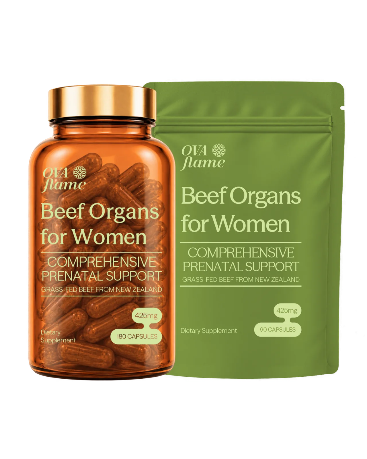 OVA flame Comprehensive Prenatal Support – amber glass bottle and pouch