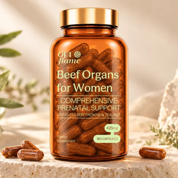 OVA flame Comprehensive Prenatal Support – amber glass bottle, closed, capsules on travertine with leaves