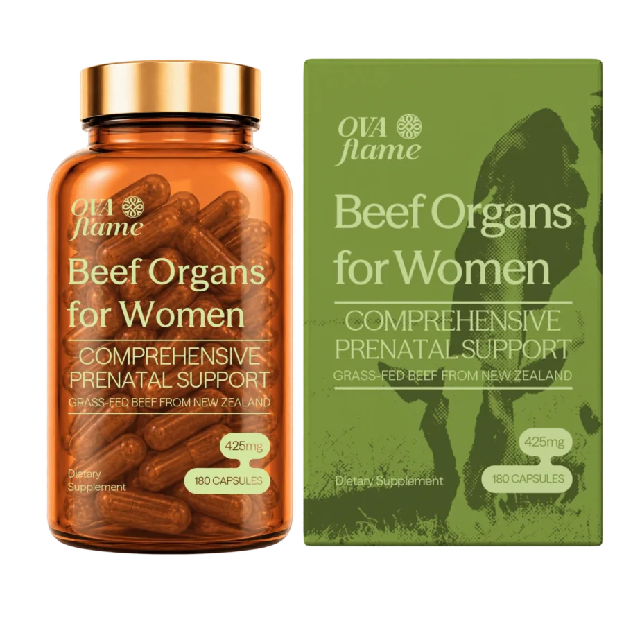 OVA flame Comprehensive Prenatal Support – amber glass bottle (180 capsules) with its box