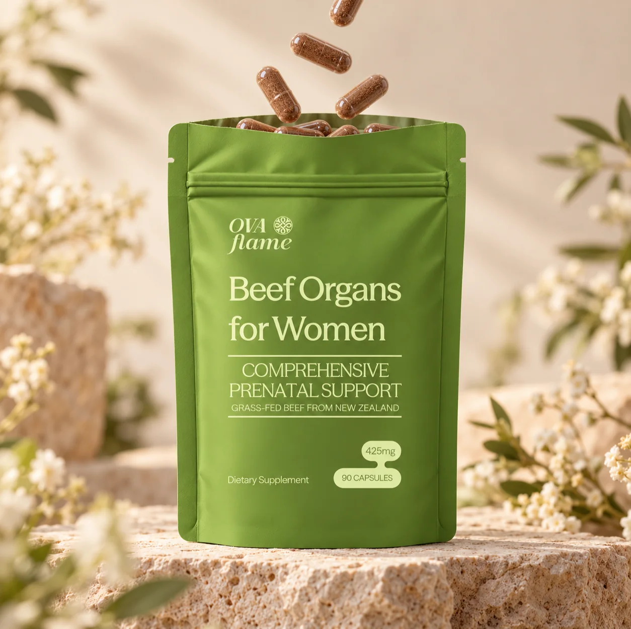OVA flame Comprehensive Prenatal Support – pouch, open, capsules falling into it