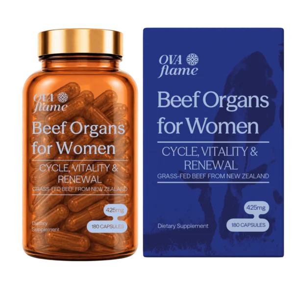 OVA flame Cycle, Vitality & Renewal – amber glass bottle (180 capsules) with its box