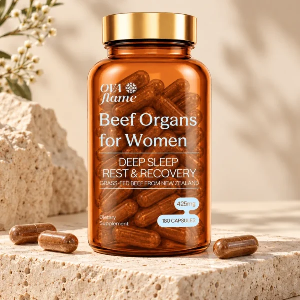 OVA flame Deep Sleep Rest & Recovery – amber glass bottle, closed, capsules on travertine