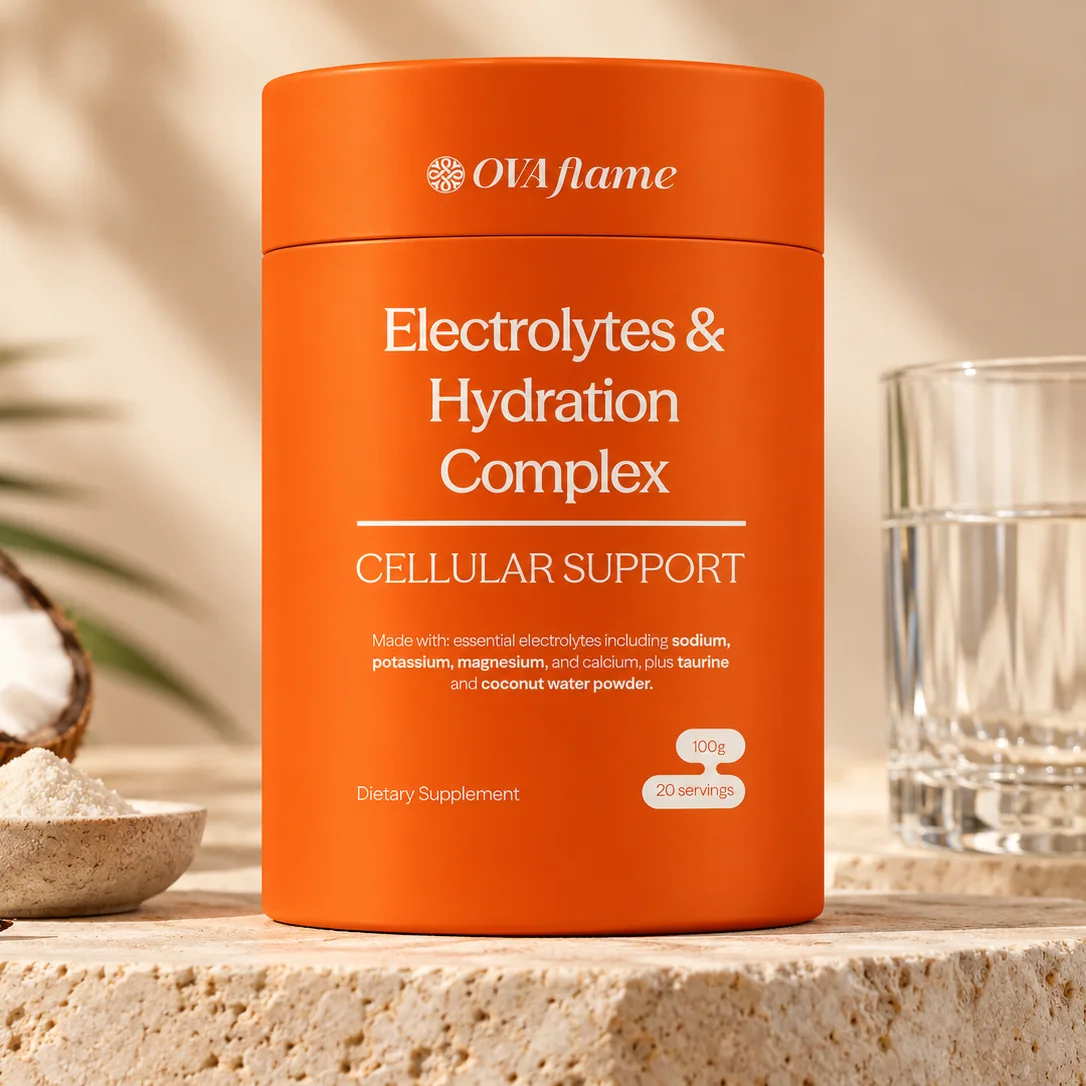 OVA flame Electrolytes & Hydration Complex – canister on travertine with coconut and a glass of water