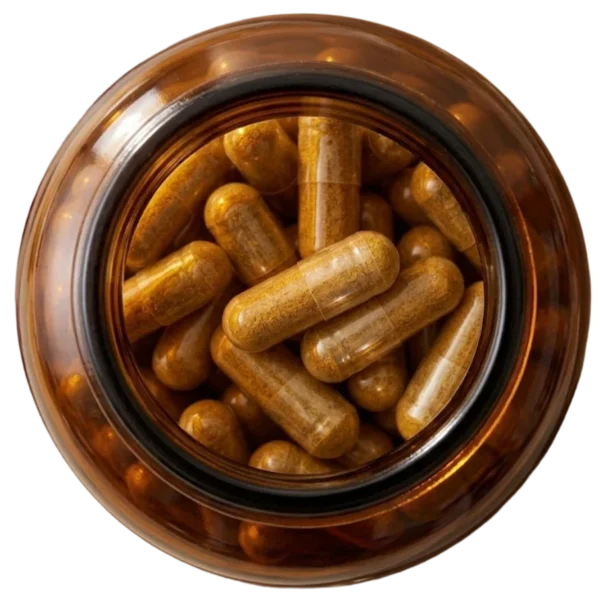 Open amber jar full of OVA flame beef organ capsules, seen from above