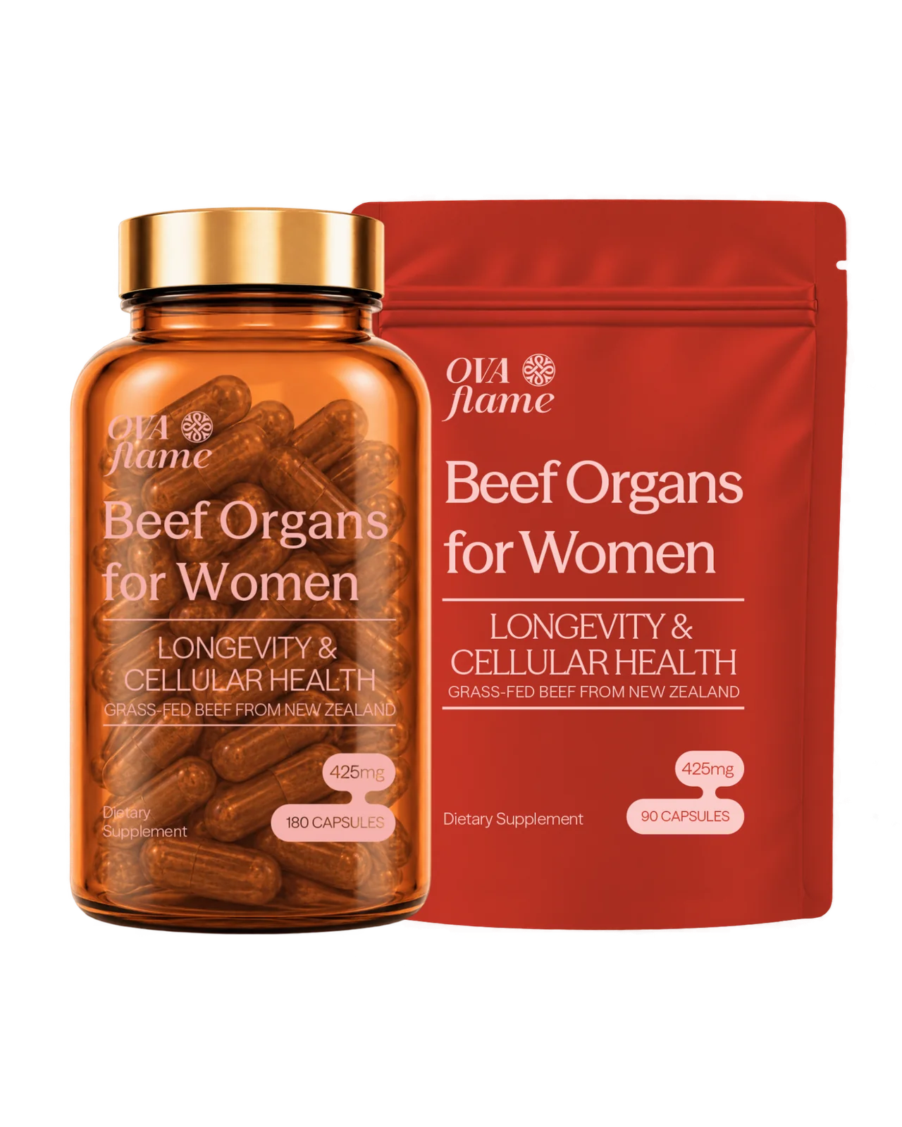 OVA flame Longevity & Cellular Health – amber glass bottle and pouch