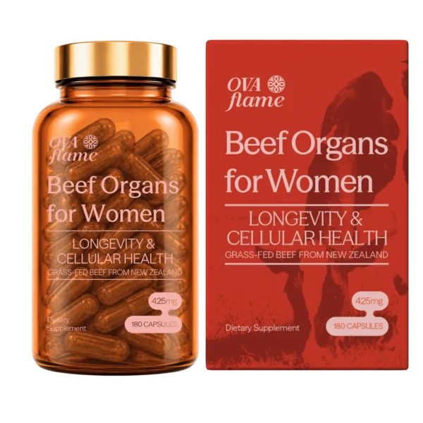 OVA flame Longevity & Cellular Health – amber glass bottle (180 capsules) with its box