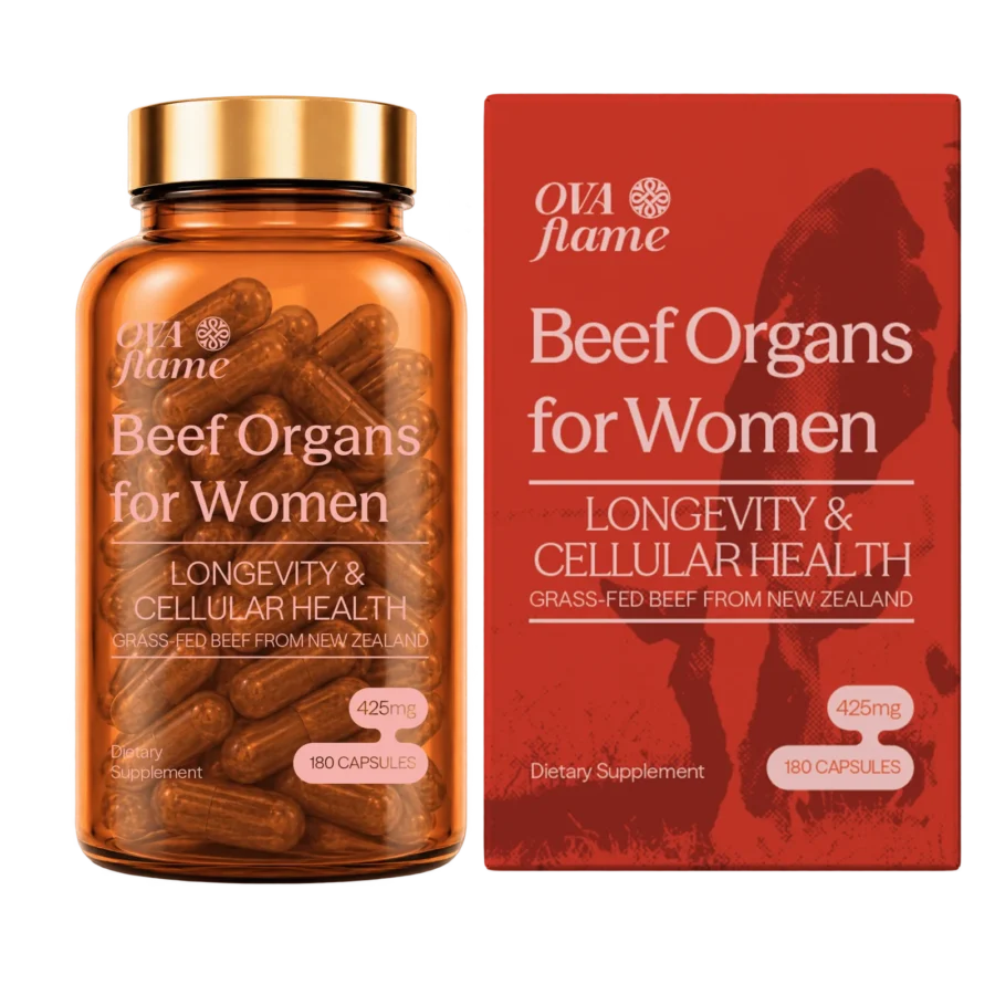 OVA flame Longevity & Cellular Health – amber glass bottle (180 capsules) with its box