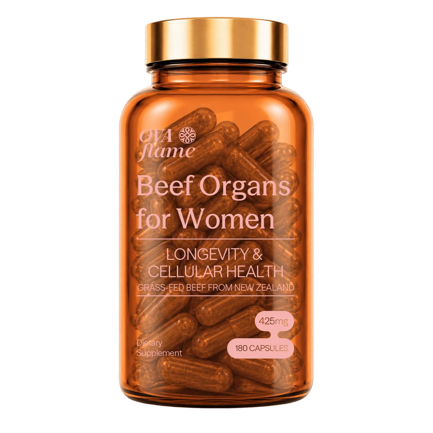 OVA flame Longevity & Cellular Health – premium amber glass bottle, 180 capsules