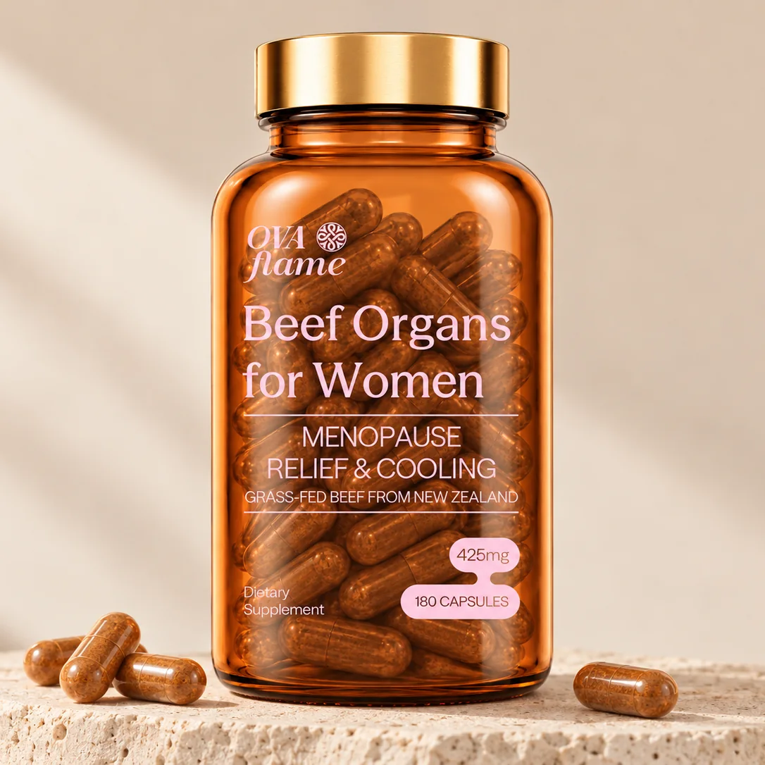 OVA flame Menopause Relief & Cooling – amber glass bottle, closed, capsules on travertine