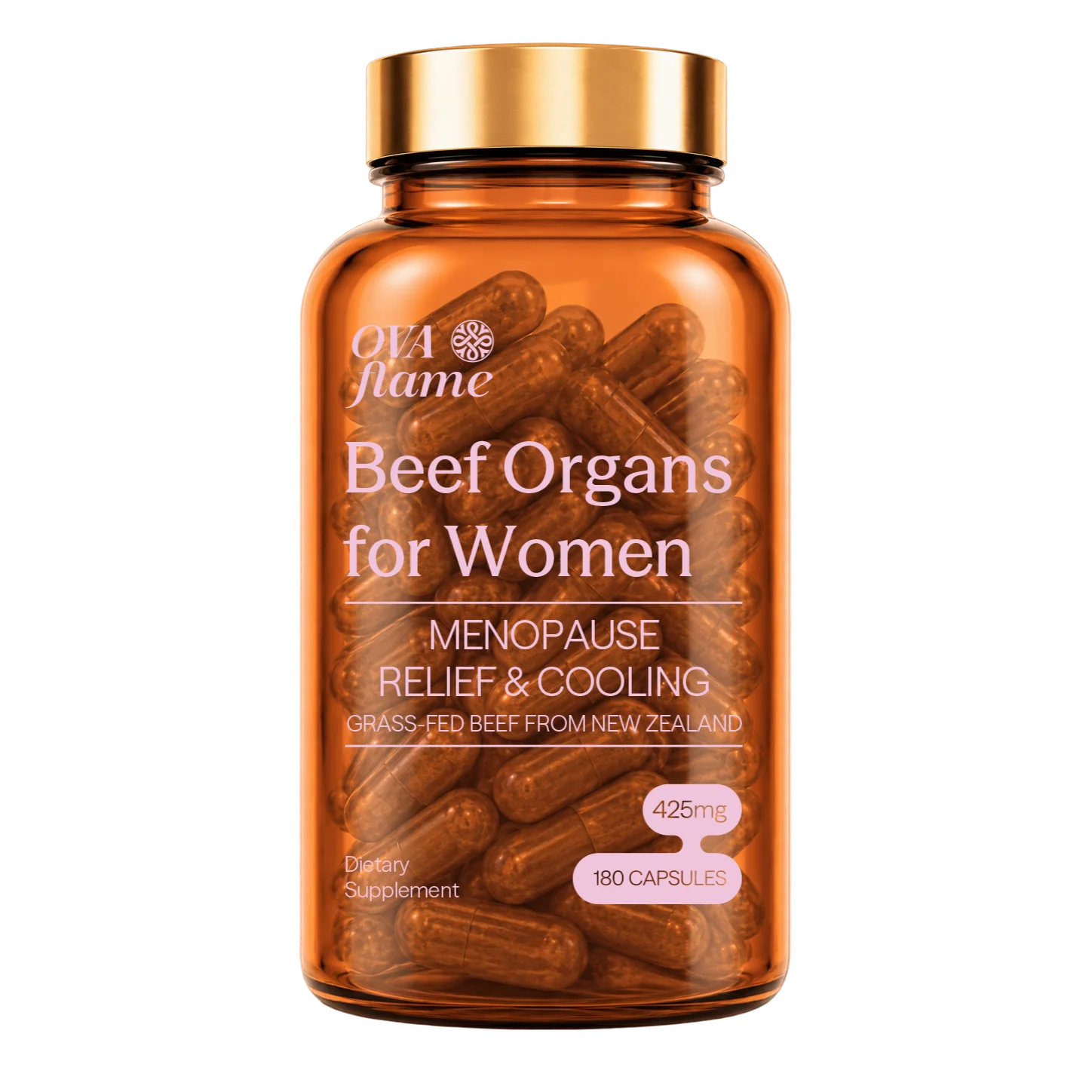 OVA flame Menopause Relief & Cooling – premium amber glass bottle, 180 capsules