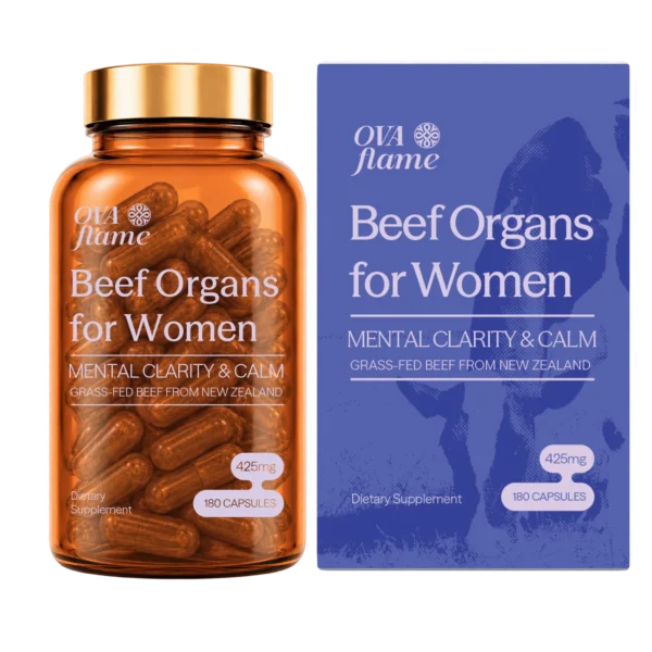 OVA flame Mental Clarity & Calm – amber glass bottle (180 capsules) with its box