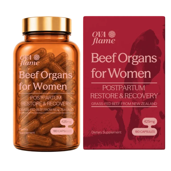 OVA flame Postpartum Restore & Recovery – amber glass bottle (180 capsules) with its box