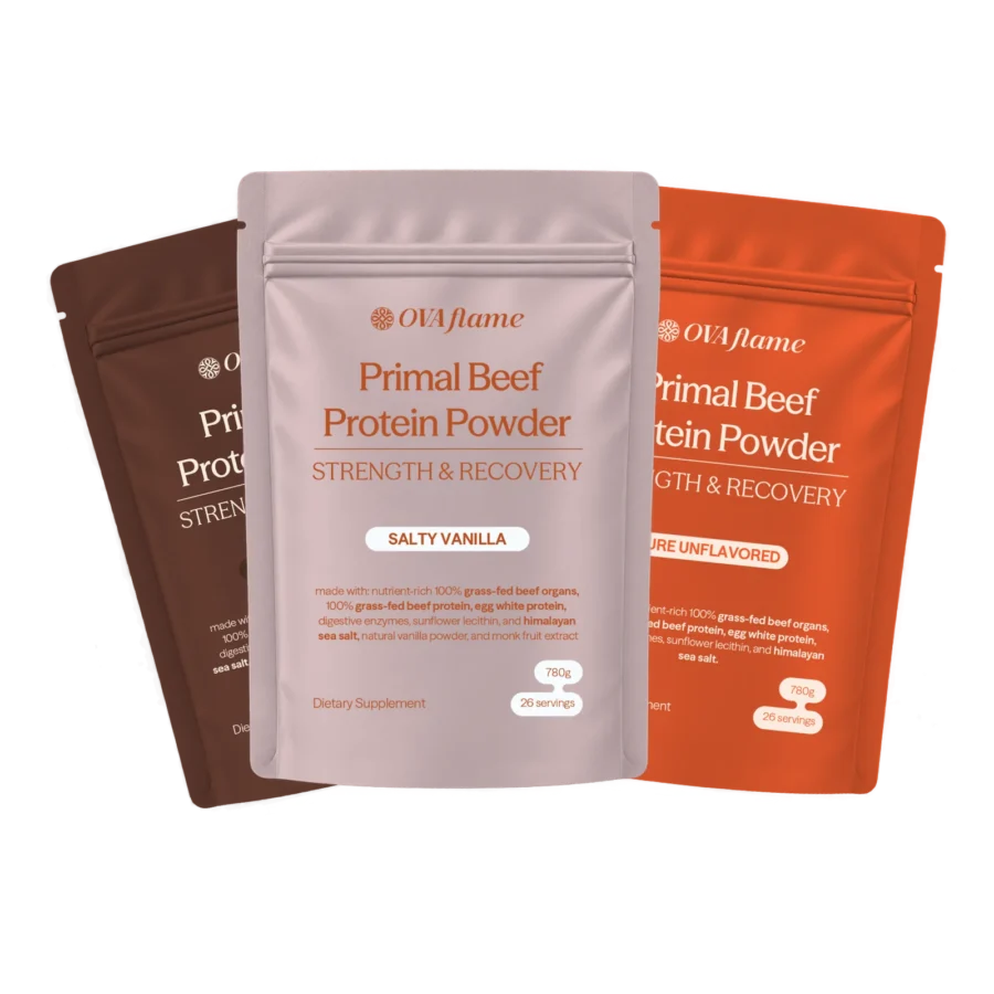 OVA flame Primal Beef Protein Powder – Salty Chocolate, Salty Vanilla and Pure Unflavored pouches