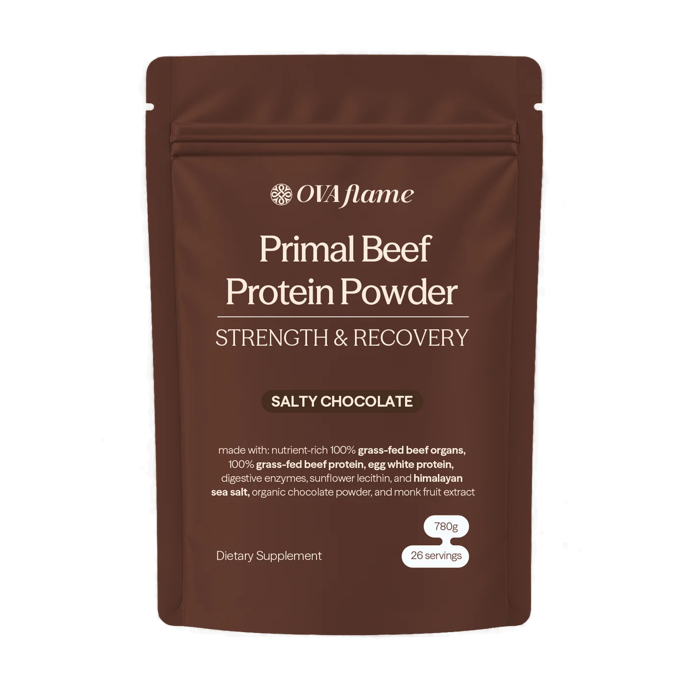 OVA flame Primal Beef Protein Powder – Salty Chocolate, 780 g pouch