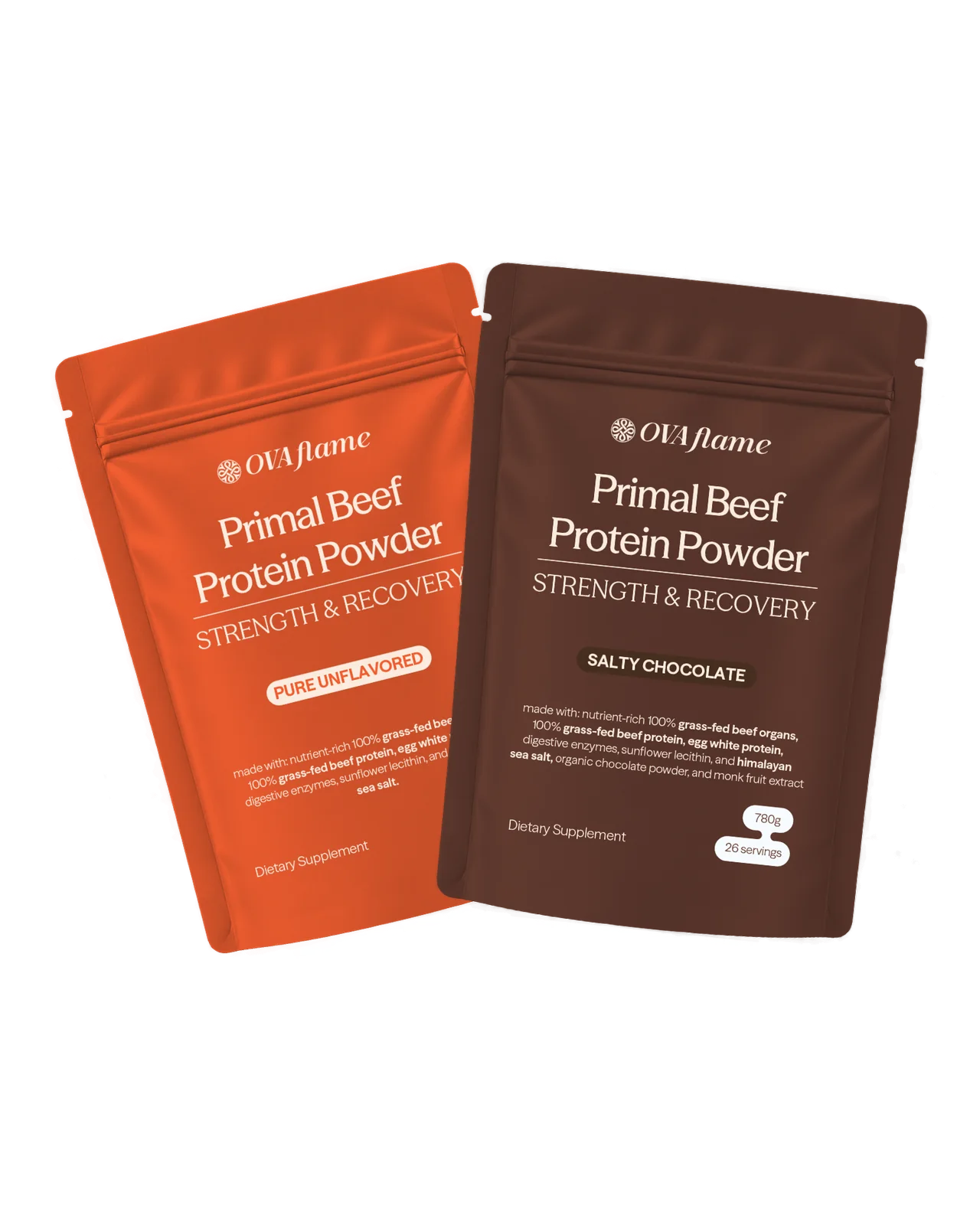 OVA flame Primal Beef Protein Powder – Pure Unflavored and Salty Chocolate pouches