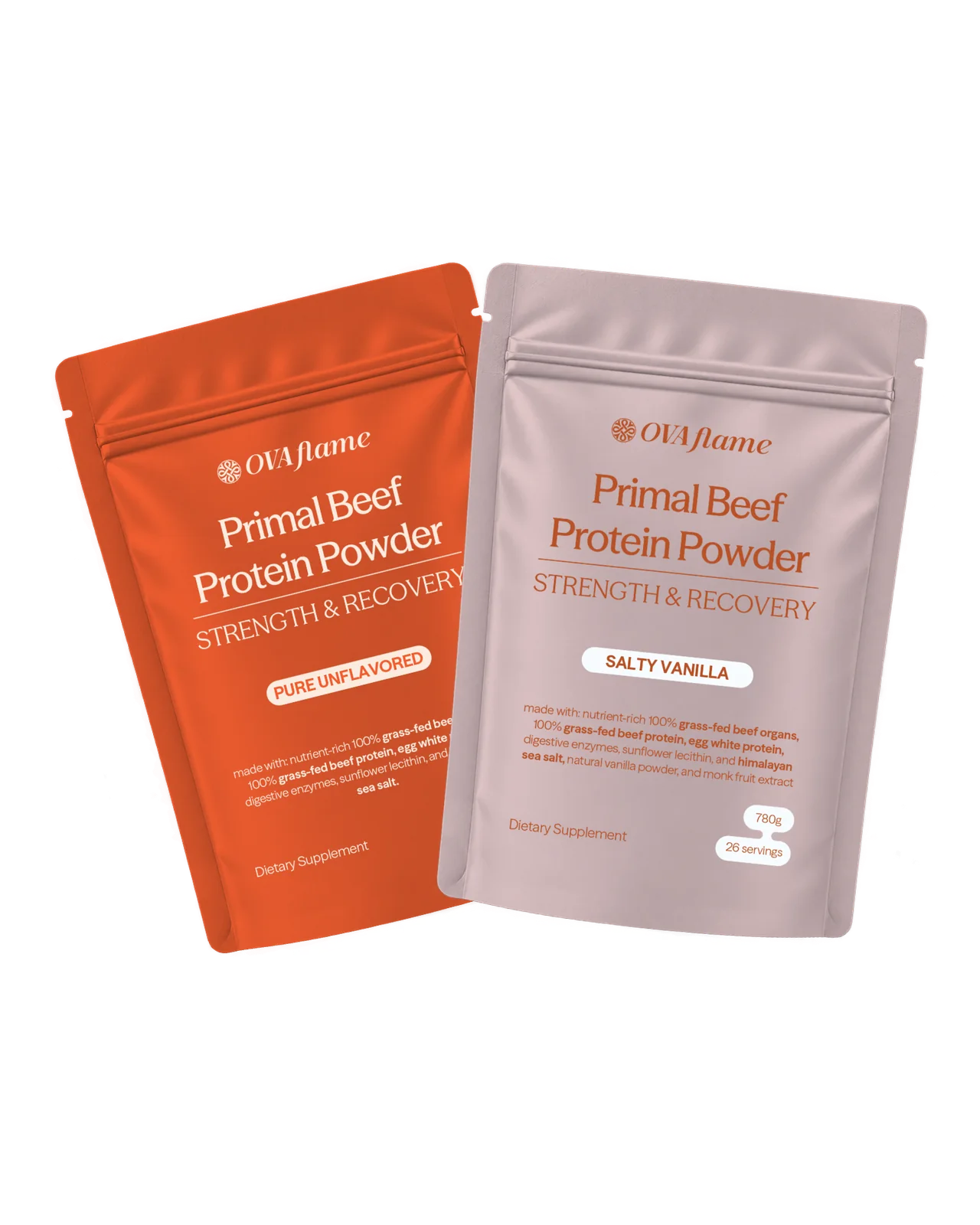 OVA flame Primal Beef Protein Powder – Pure Unflavored and Salty Vanilla pouches