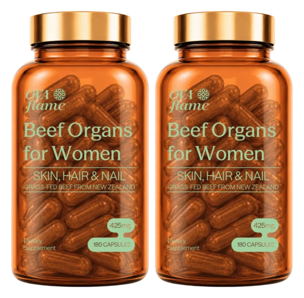 Two OVA flame Skin, Hair & Nail amber glass bottles